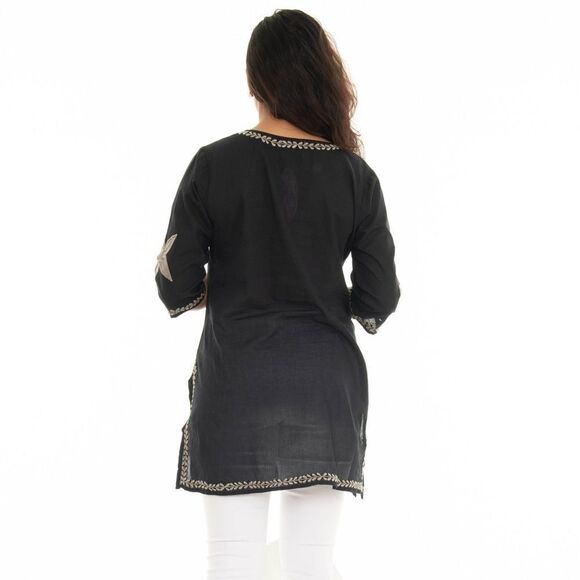 Embroidered Starfish Three-Quarter Sleeve Tunic /Swim coverup NWOT XL Black/Gray - Picture 2 of 13